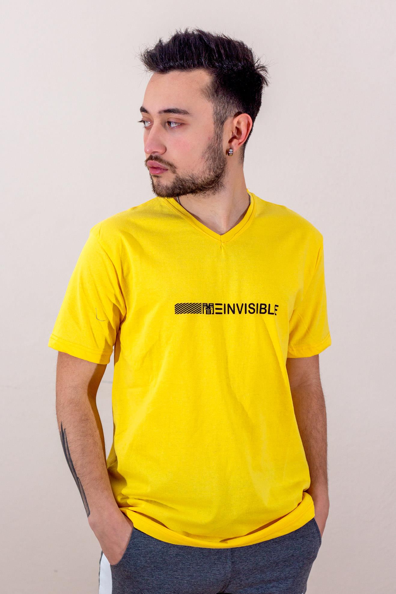 Sarı Invisible Baskılı Kısa Kollu V Yaka Erkek Tişört 20ETSHNVSB