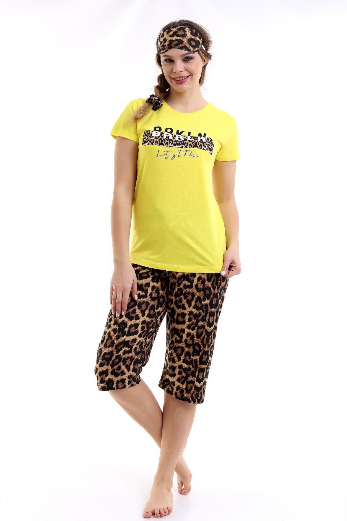 Sarı Leopar Desen Baskılı Kapri Kısa Kollu Kadın Pijama Takım 22KPJTBRLN