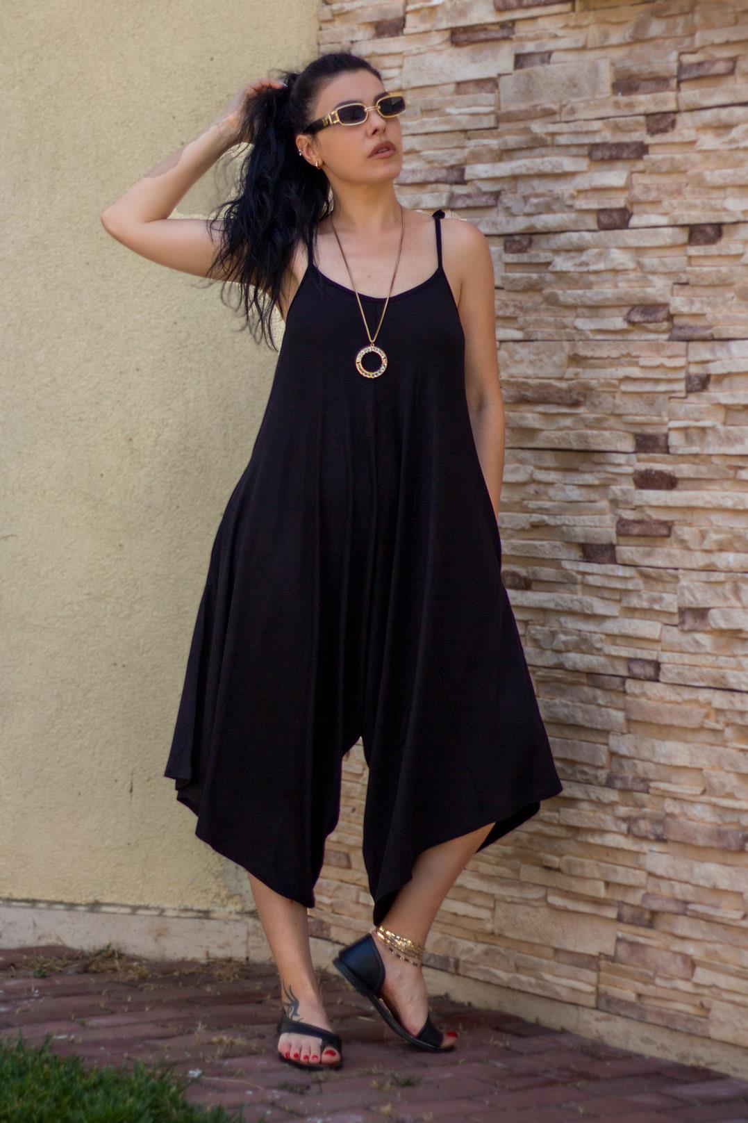 Siyah Askılı Cepli Salaş Rahat Kadın Şalvar Elbise 22KELBASSA