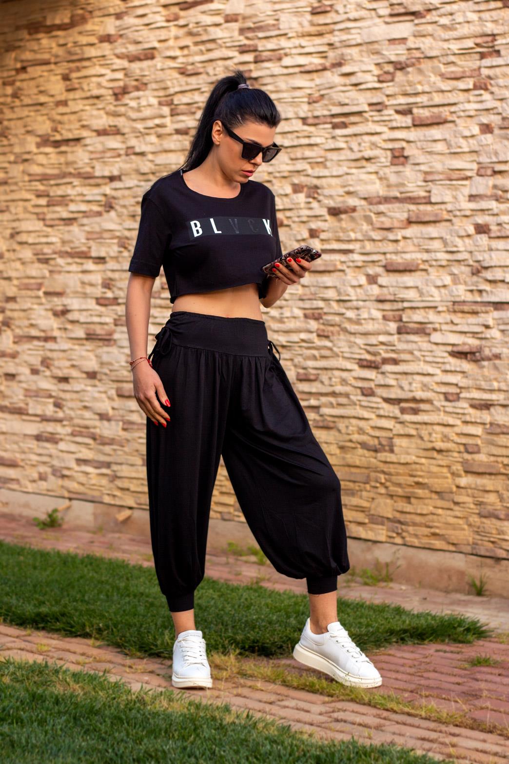 Siyah Beli Lastikli Yanları Büzgü Detay Rahat Kadın Şalvar 22KPNTKVAR