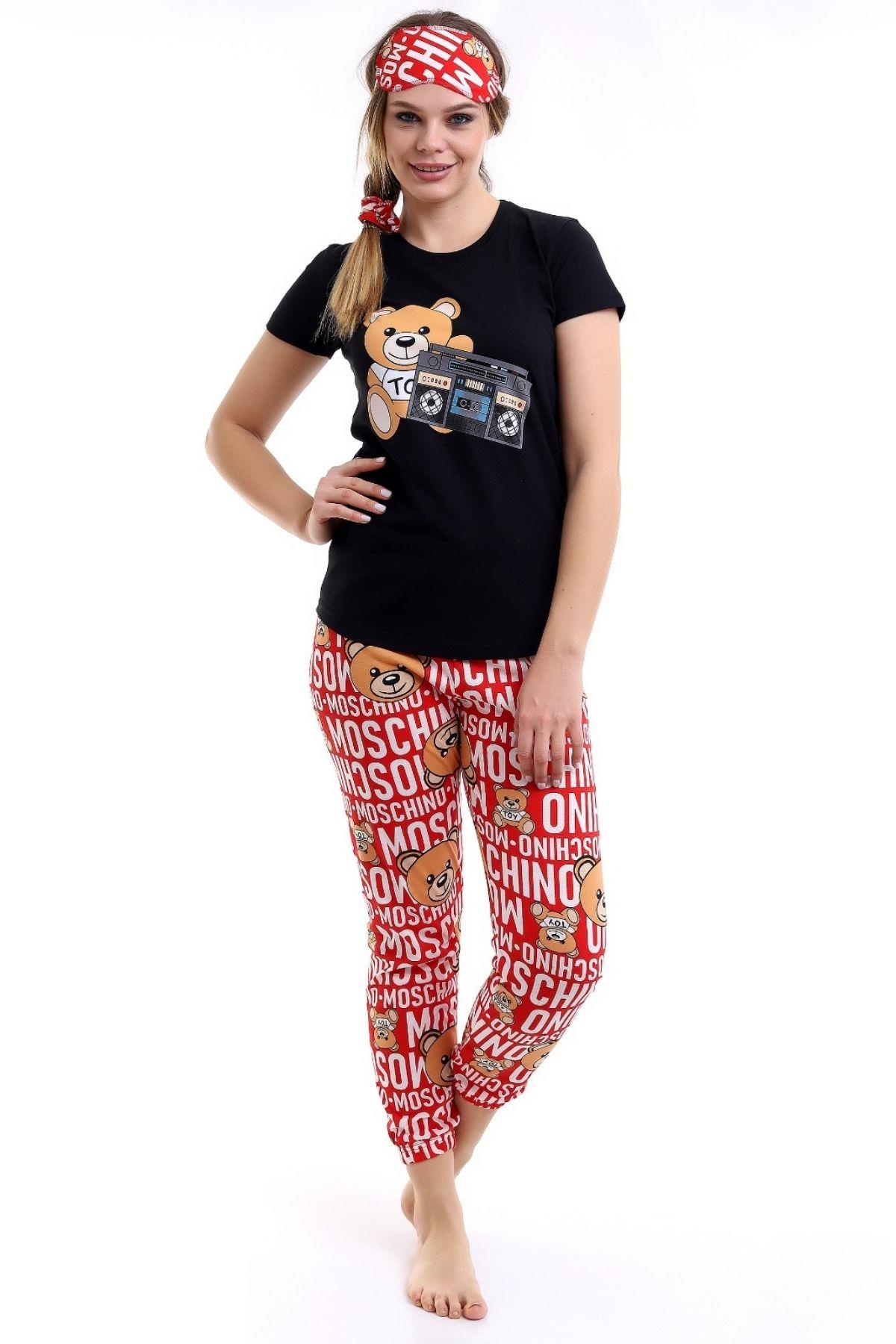 Siyah Kırmızı Ayıcık Baskılı Kısa Kollu Bilek Lastikli Kadın Pijalama Takımı 22KPJTMOSS