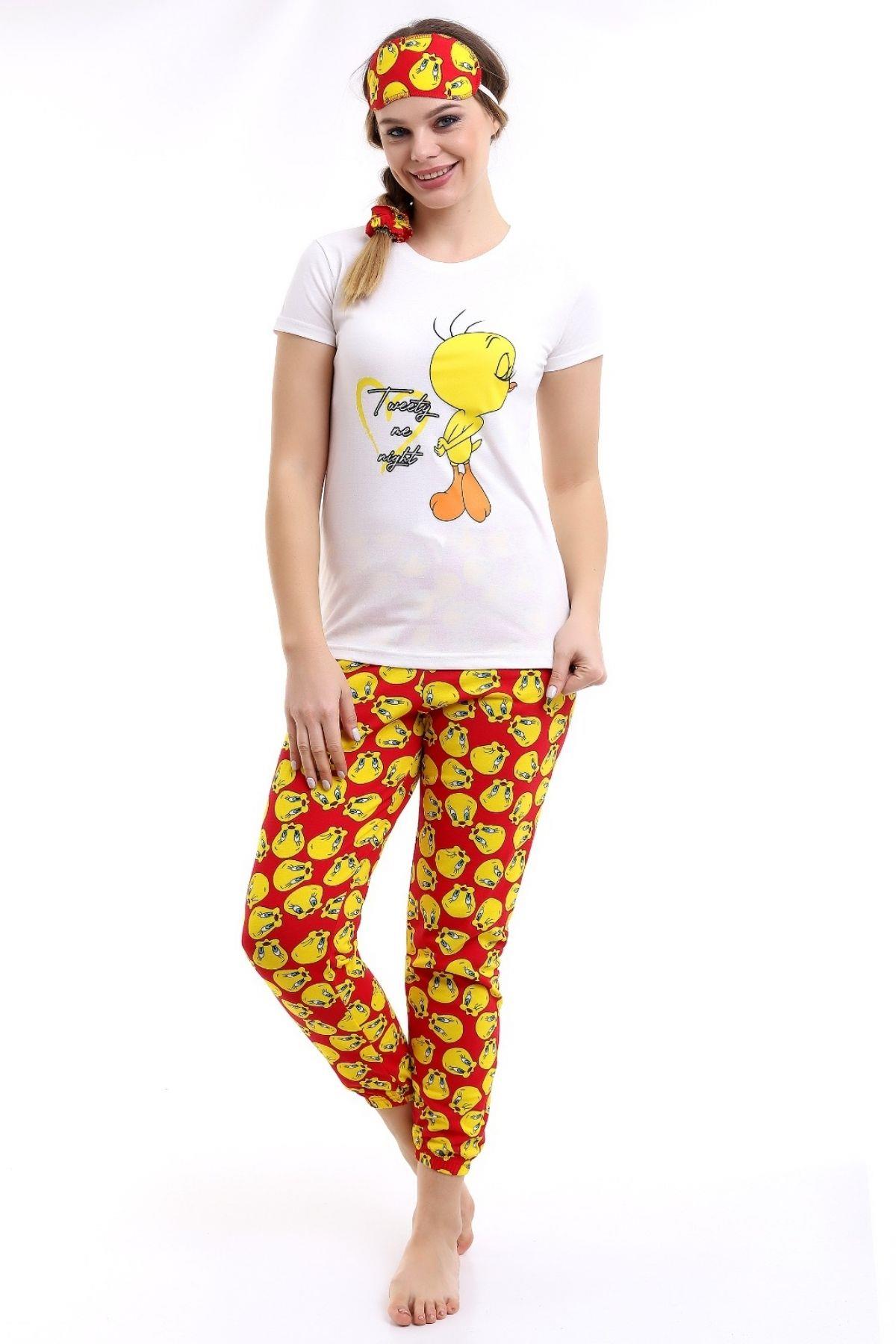 Sarı Kırmızı Tweety Baskılı Kısa Kollu Bilek Lastikli Kadın Pijama Takımı 22KPJTTWTY
