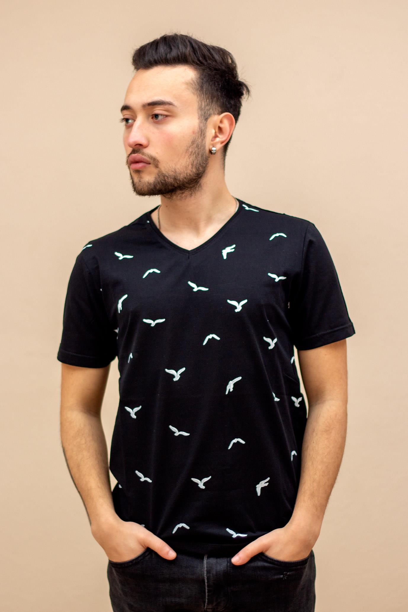 Siyah Martı Baskılı Kısa Kollu V Yaka Erkek Tişört 22ETSHVMRT