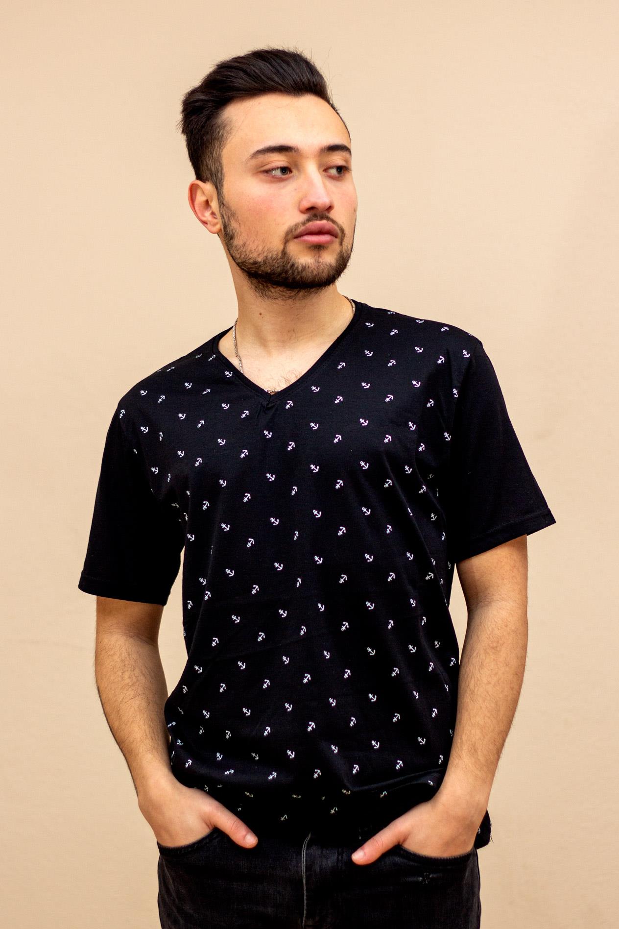 Siyah Çapa Baskılı Kısa Kollu V Yaka Erkek Tişört 22ETSHVCPA