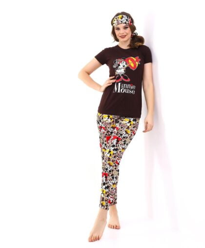 Kadın Siyah Minnie Mouse Baskılı Lastikli Kısa Kol Pijama Takımı 23KPJTMINN